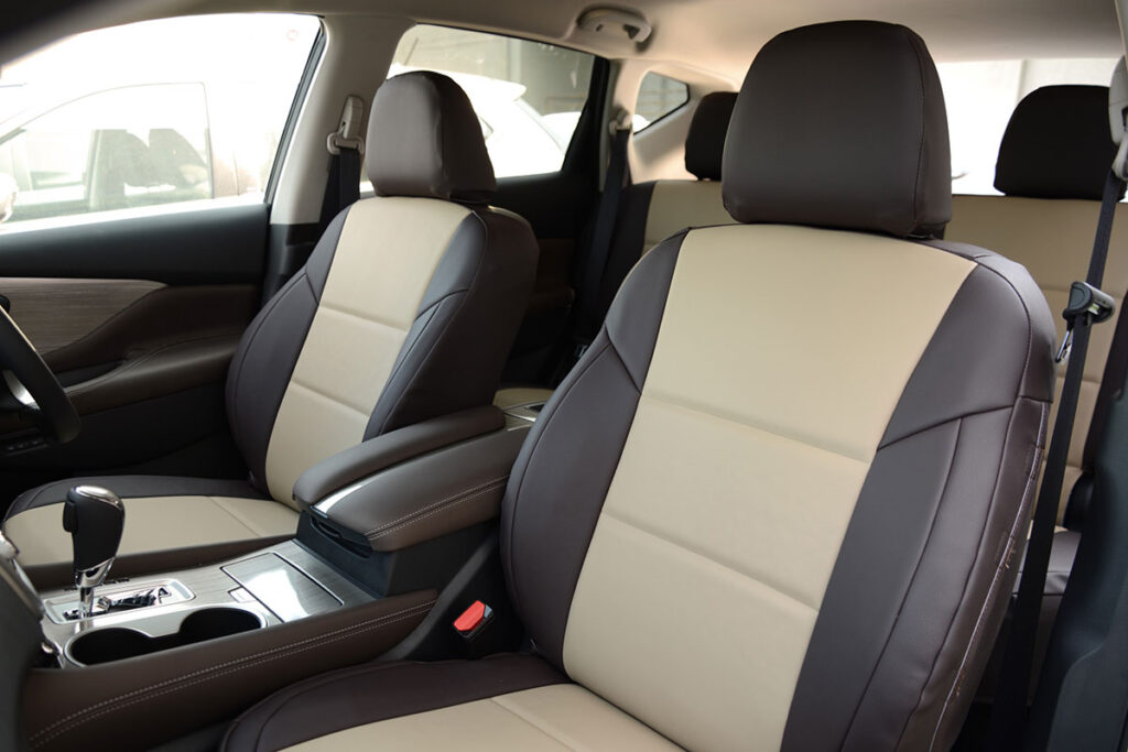 2015 Nissan Murano front Leatherette Seat Covers with Sandstone Sof-Touch inserts and Brown Sof-Touch trim