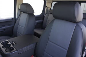 2011 Chevy Silverado 2500 front leatherette seat covers with Charcoal Sof-Touch inserts and Black Sof-Touch trim