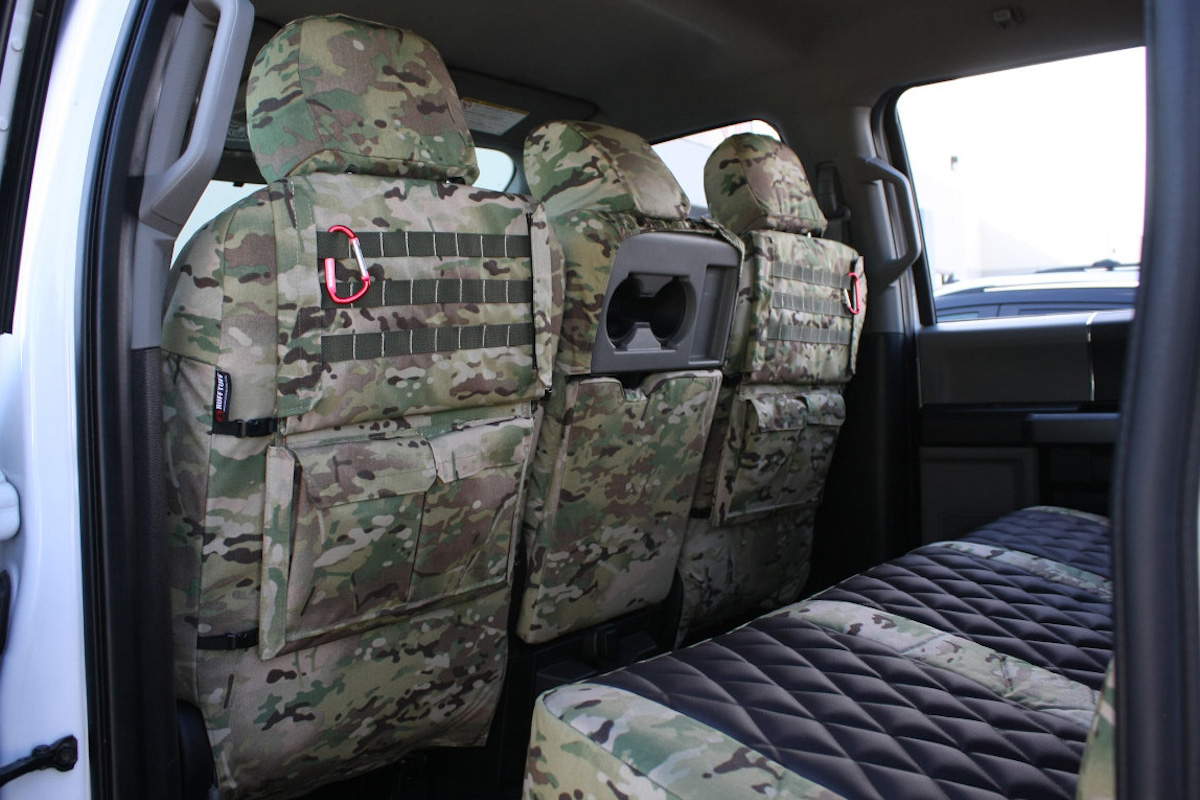 CarsCover Custom Fit 2009-2014 Ford F150 F250 F350 Pickup Truck Wetsuit Neoprene Car Front Seat Covers Camo and Black Sides Driver & Passenger Cover Real Maple Forest Tree leaf Camouflage Covers 