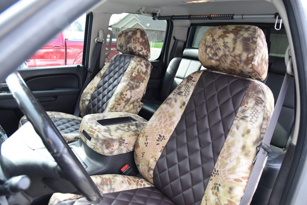 2012 Chevy Silverado 1500 front Kryptek seat covers with Brown Sof-Touch Diamond inserts and Kryptek Highlander camouflage trim