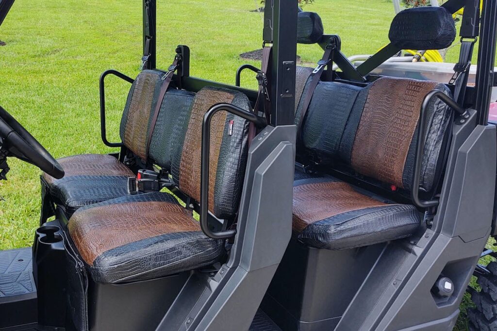 2020 Polaris Ranger rear bench seat covers with Java Croc simulated leather inserts and Midnight Croc simulated leather trim