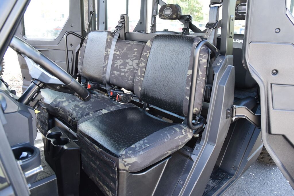 2020 Polaris Ranger front bench UTV seat covers with Black Ostrich inserts and MultiCam Black camo trim