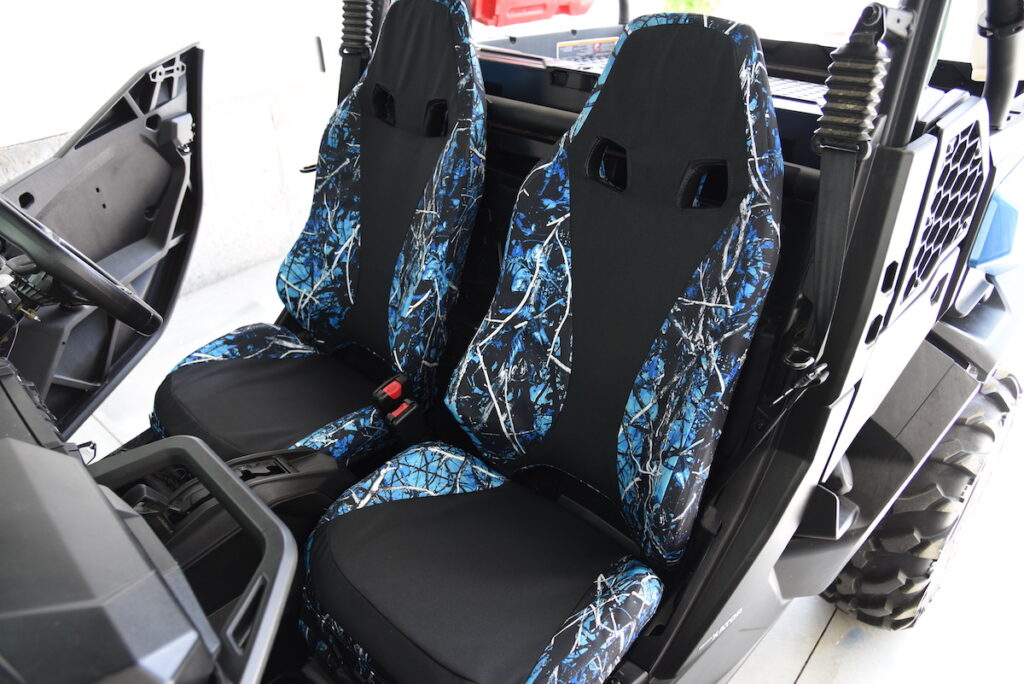 2023 Can-Am Commander front custom seat covers with Sirphis Undertow inserts and Black Dura EZ-Care trim