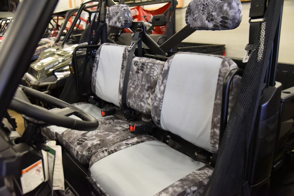 2018 Polaris Ranger front bench UTV seat covers with Silver Gray Dura EZ-Care inserts and Kryptek Raid camo trim