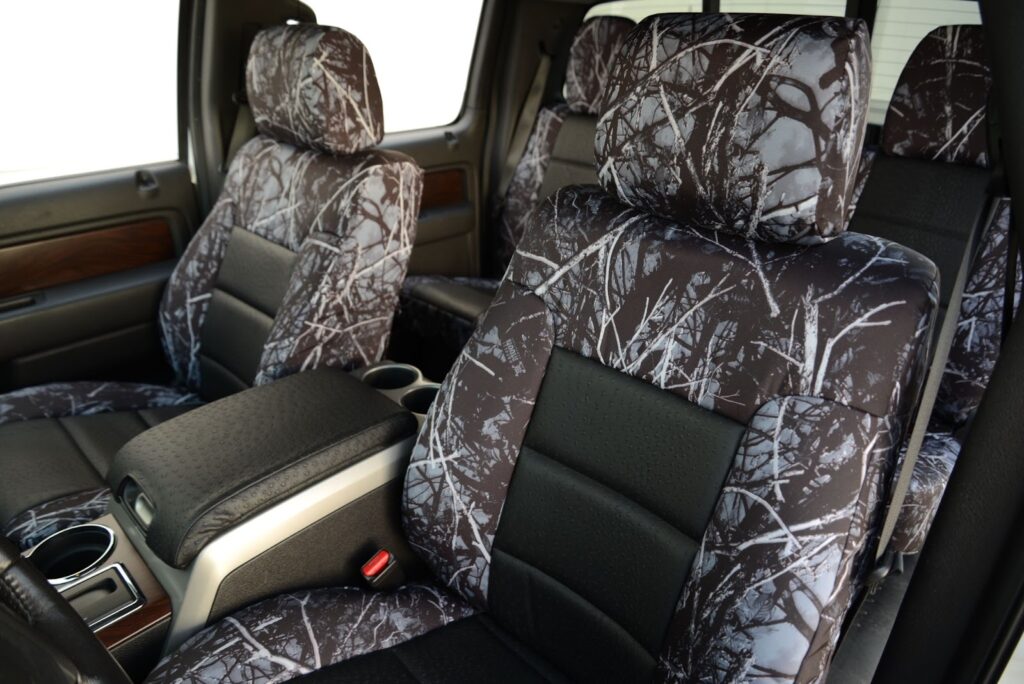 2014 Ford F150 front seat covers in Black Ostrich and Sirphis Harvest Moon camouflage