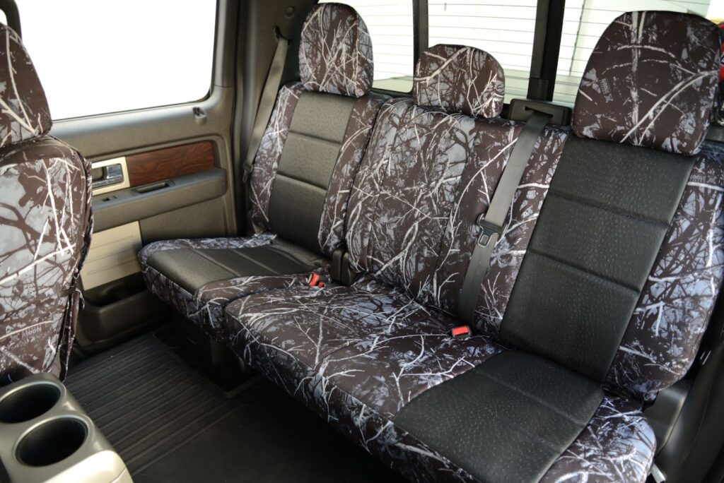 2014 Ford F150 rear seat covers in Black Ostrich and Sirphis Harvest Moon camouflage
