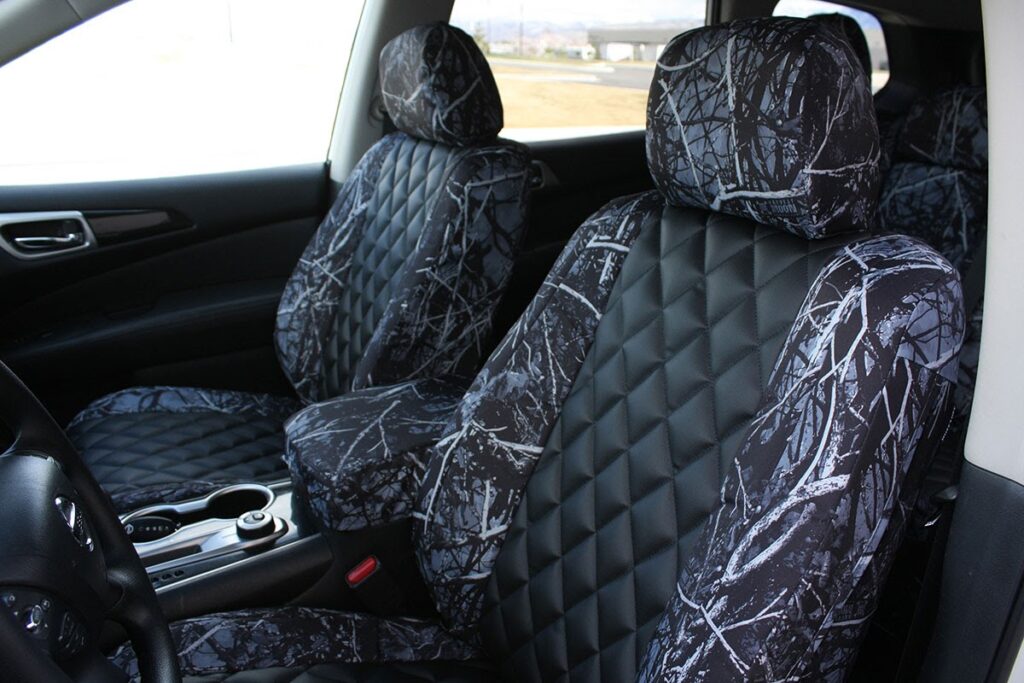 2018 Nissan Pathfinder front seat covers with Black Sof-Touch Diamond inserts and Sirphis Harvest Moon camo trim