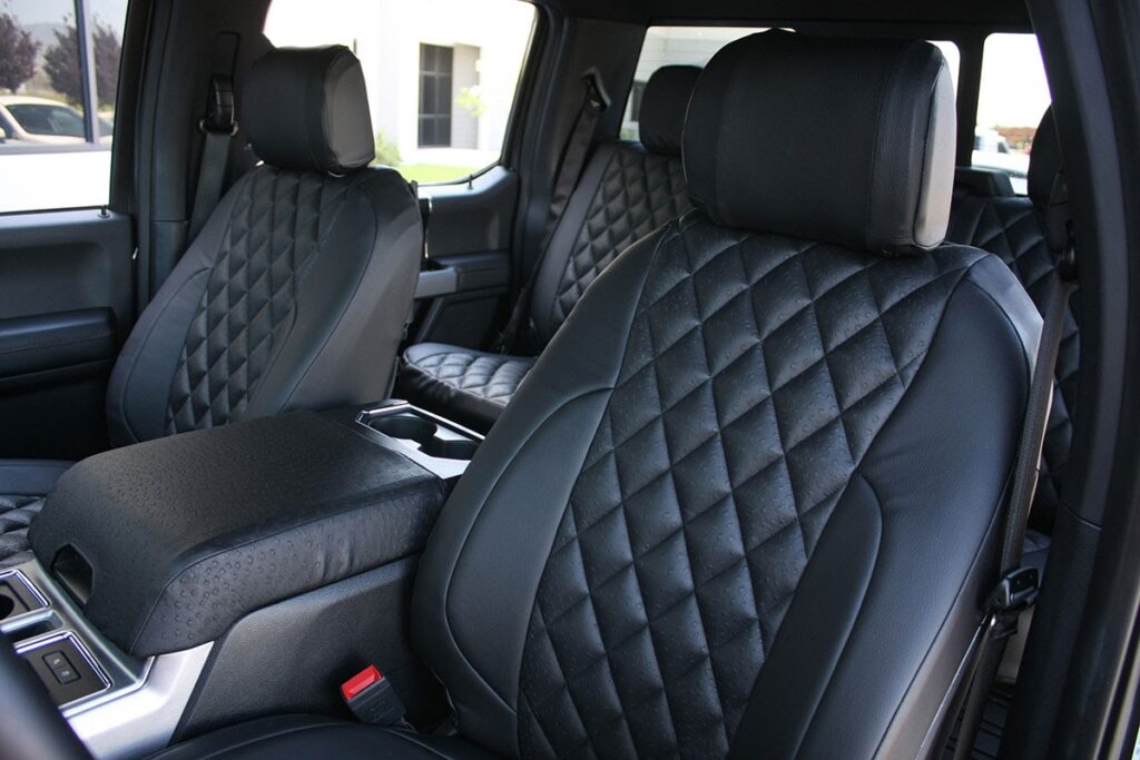 2020 Ford F-150 front seat covers in Black Ostrich Diamond and Black Sof-Touch simulated leather