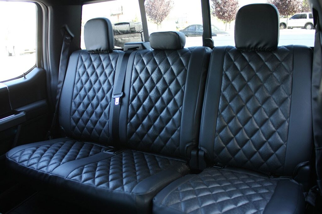 2020 Ford F-150 rear seat covers in Black Ostrich Diamond and Black Sof-Touch simulated leather
