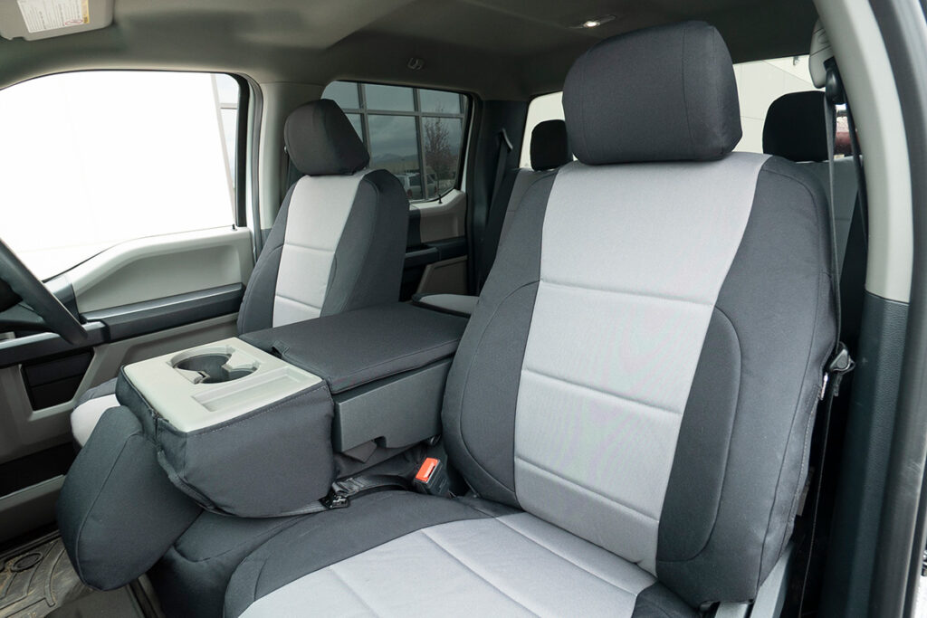 2022 Ford F-250 front seat covers in Silver Gray and Black Dura EZ-Care canvas