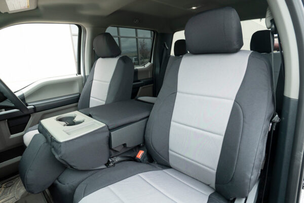 2022 Ford F-250 front seat covers in Silver Gray and Black Dura EZ-Care canvas