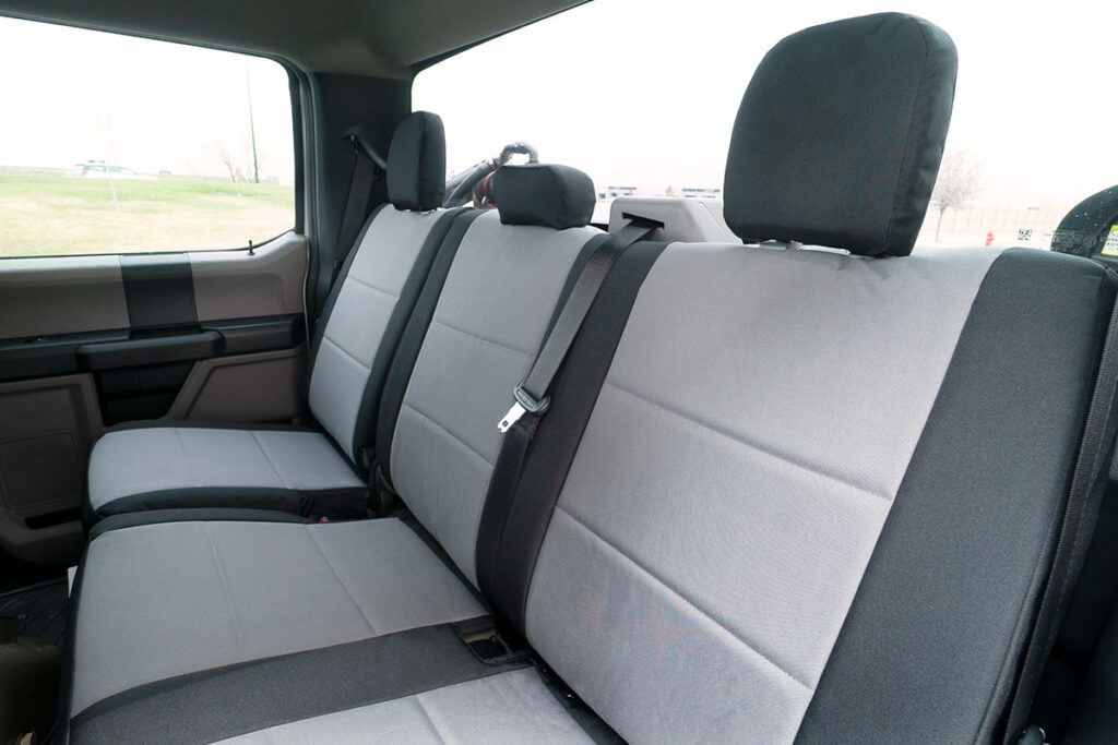 2022 Ford F-250 rear seat covers in Silver Gray and Black Dura EZ-Care canvas