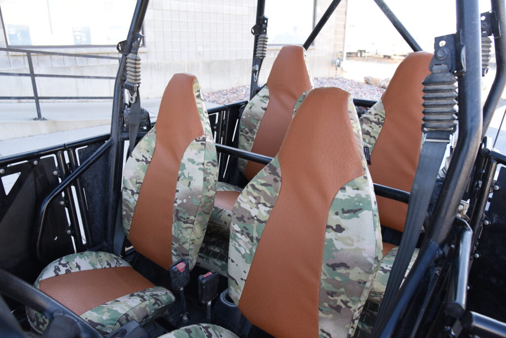 2012 Polaris RZR front UTV camo seat covers with Saddle Ostrich simulated leather inserts and MultiCam Original canvas trim