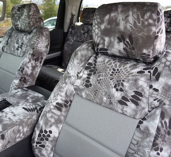 Covers and Camo Seat covers for the 2017 Toyota Tundra. Medium gray ostrich insert and kryptek raid trim.