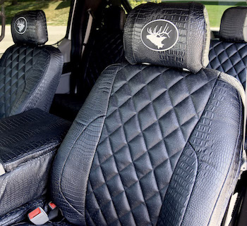 Covers And Camo seat covers for a 2018 Ford F150. Black ostrich insert (with diamond stitching) and Midnight croc trim.