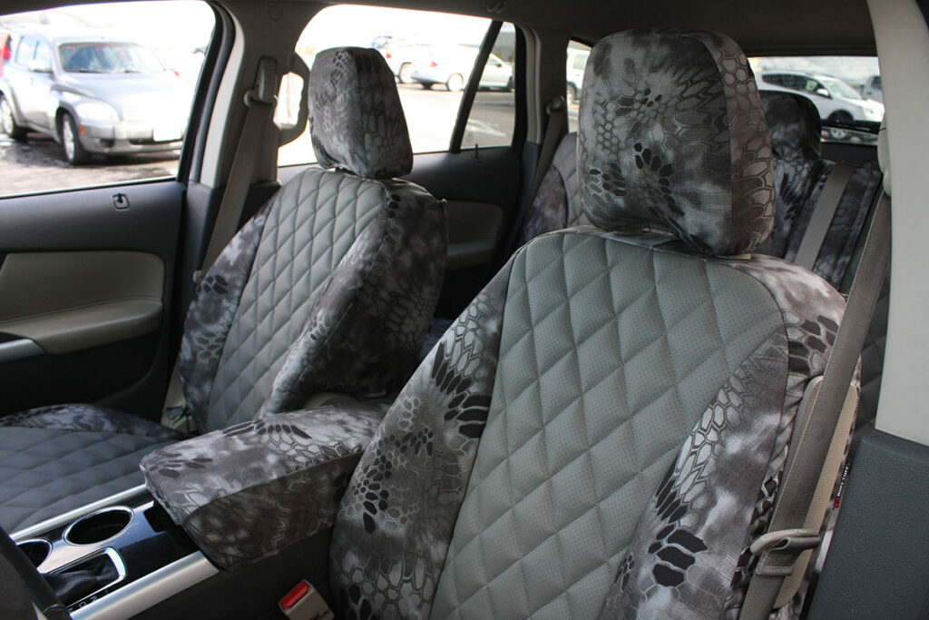 2010 Ford Edge front seats with Medium Gray Perforated Sof-Touch Diamond inserts and Kryptek Raid camouflage trim