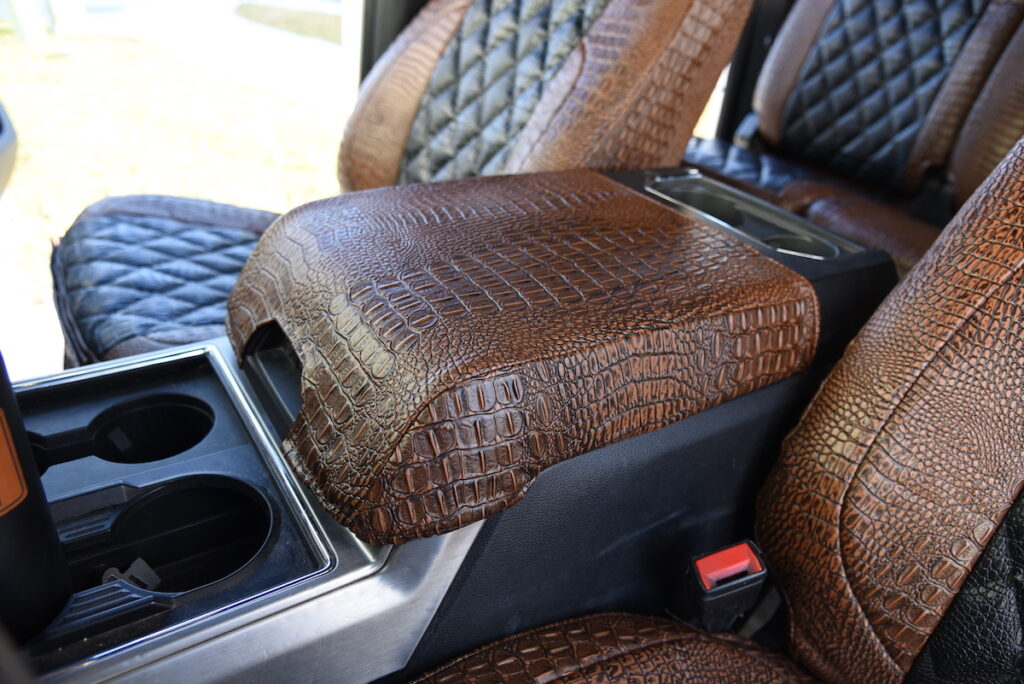 2018 Ford F-350 center console cover in Midnight Croc and Java Croc simulated leather