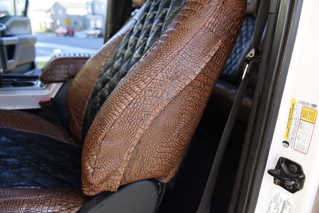 2018 Ford F-350 side seat view in Midnight Croc and Java Croc simulated leather