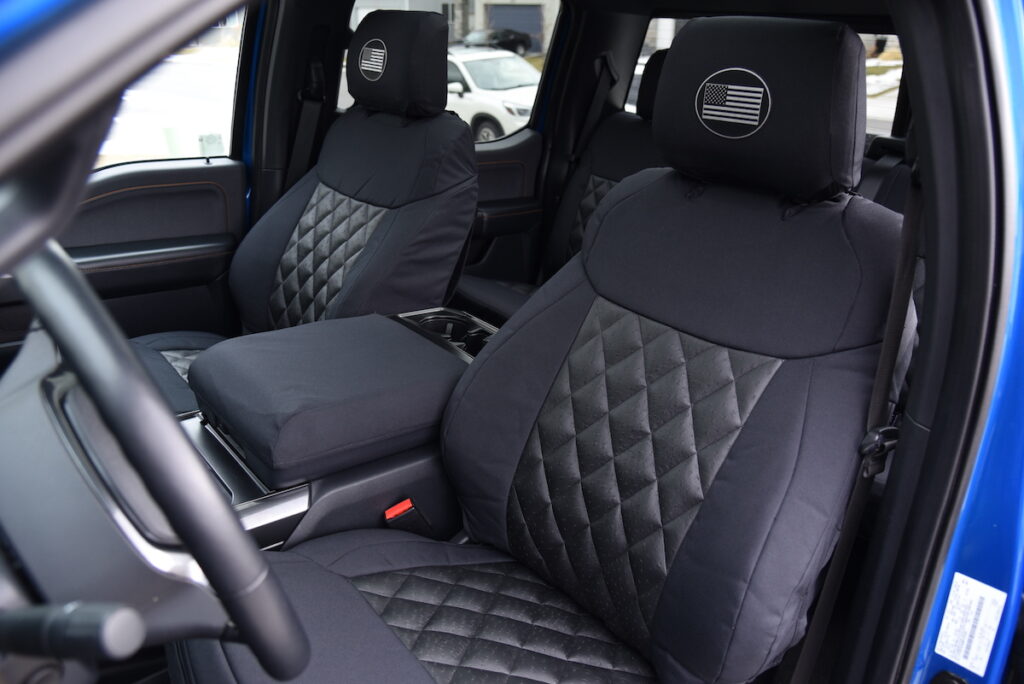 2021 Ford F-150 front seat covers in Black Ostrich Diamond with Black Dura EZ-Care trim
