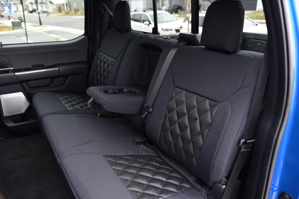 2021 Ford F-150 rear seat covers in Black Ostrich Diamond with Black Dura EZ-Care trim
