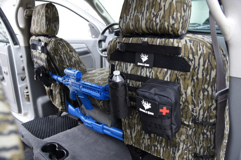 2009 RAM 2500 seat covers in Midnight Croc Diamond Stitch and Mossy Oak Bottomland camouflage
