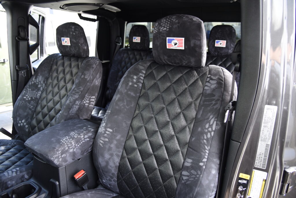 2022 Jeep Gladiator front Kryptek seat covers with Black Ostrich Diamond inserts and Kryptek Typhon trim