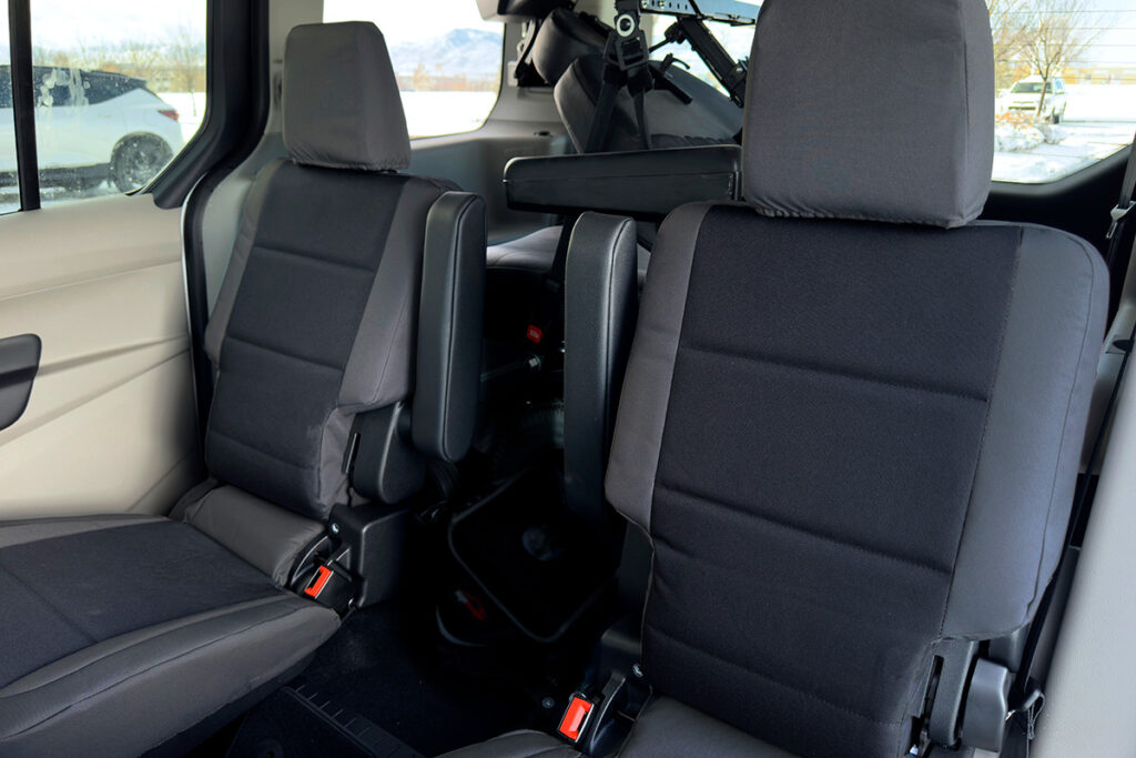 2022 Ford Transit Connect rear seat covers Black Dura EZ-Care D01 inserts with Charcoal Dura EZ-Care D26 trim