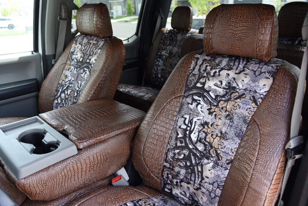 2019 Ford F-350 front seat covers in Goldberg Bone N Stone camouflage with Java Croc trim