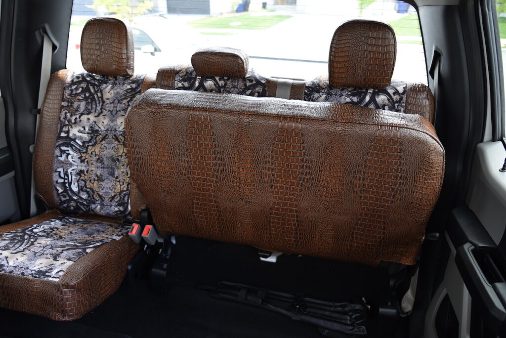 2019 Ford F-350 rear seat covers in Goldberg Bone N Stone camouflage with Java Croc trim