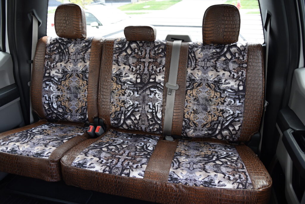 2019 Ford F-350 rear seat covers in Goldberg Bone N Stone camouflage with Java Croc trim