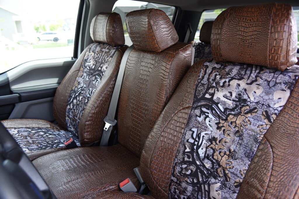 2019 Ford F-350 front seat covers in Goldberg Bone N Stone camouflage with Java Croc trim