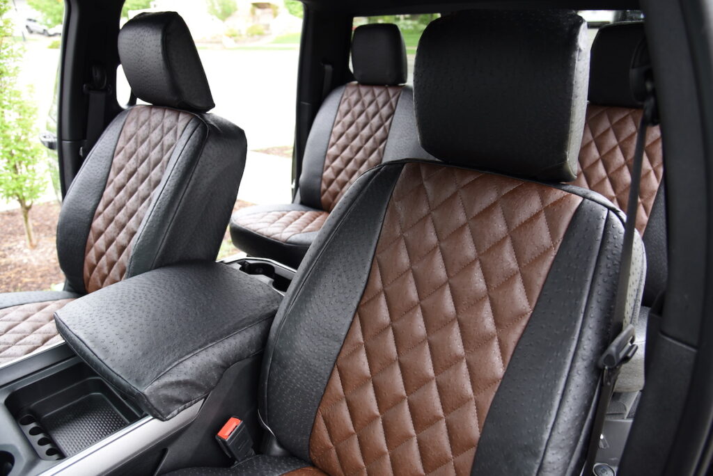 2022 RAM 2500 seat covers in Brown Ostrich Diamond and Black Ostrich material