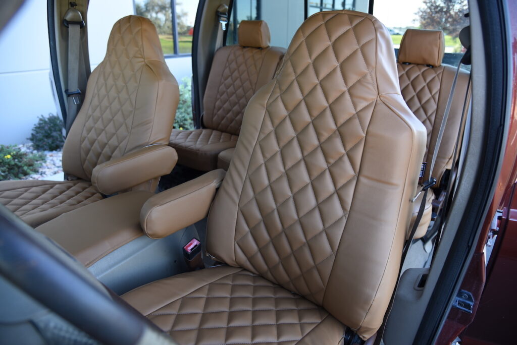 2005 Ford F-350 front leatherette seat covers in Caramel Sof-Touch Diamond and Caramel Sof-Touch trim