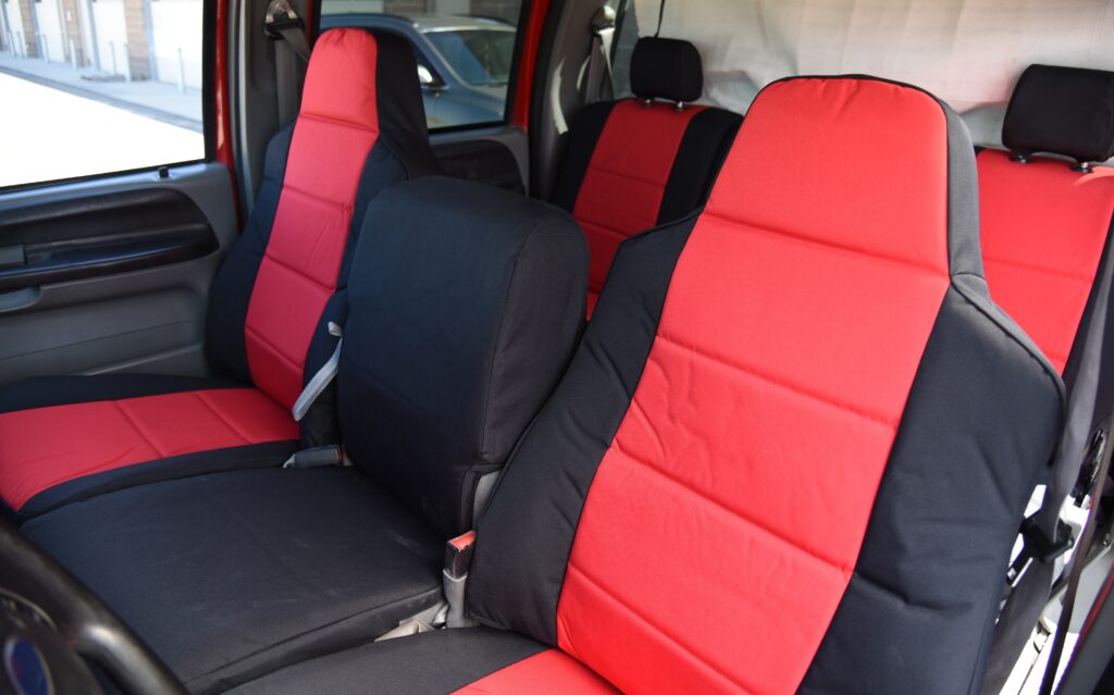 2006 Ford F-350 front heavy duty canvas seat covers in Red Dura EZ-Care and Black Dura EZ-Care trim