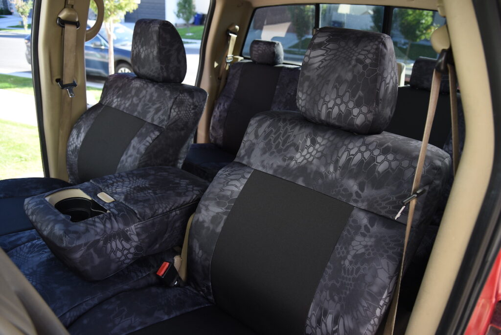 2008 Ford F-150 Black canvas and Kryptek Typhon seat covers front interior view