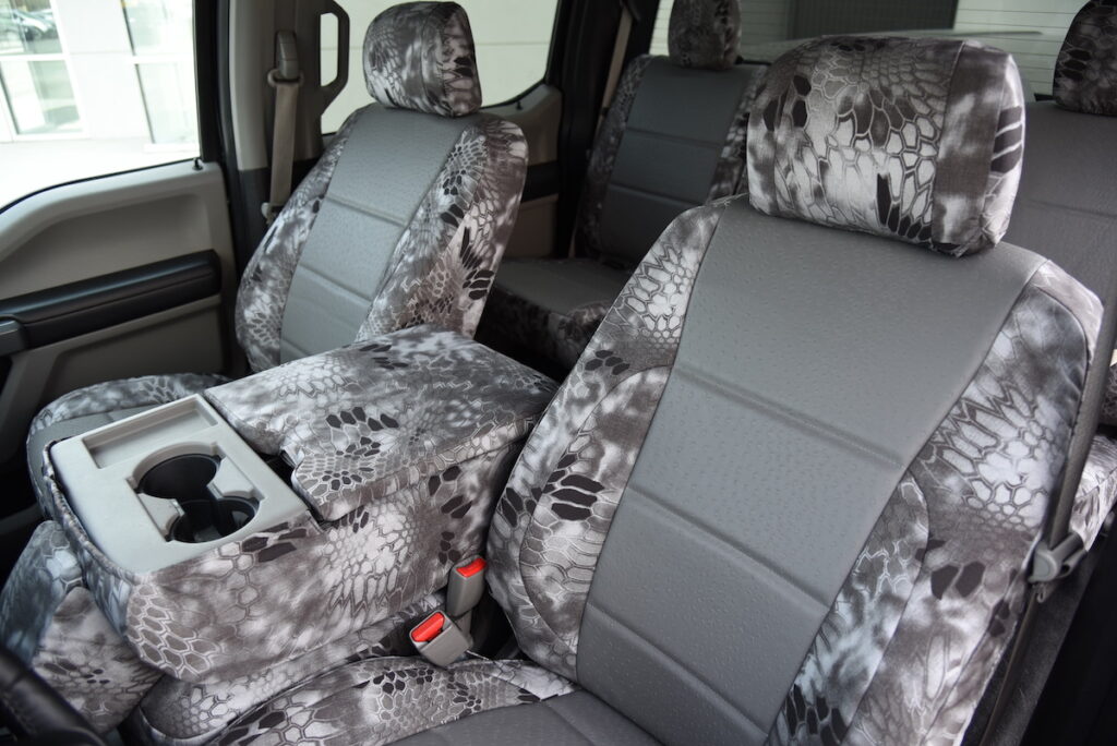 2017 Ford F-150 med gray ostrich leatherette seat covers with Kryptek Raid camouflage accents