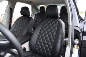 2019 Volkswagen Jetta front Ostrich seat covers with Black Ostrich Diamond inserts and Black Sof-Touch trim