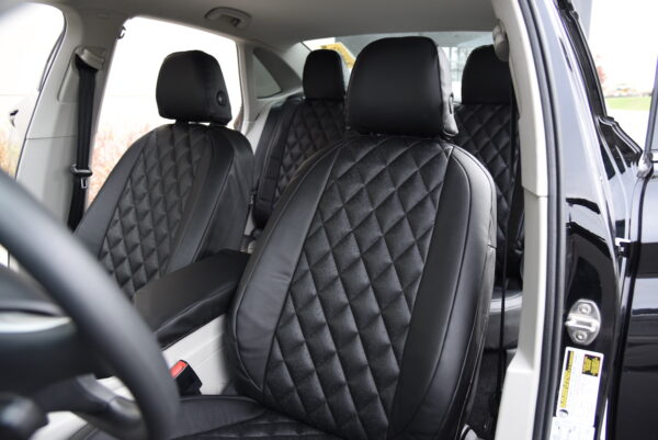2019 Volkswagen Jetta front Ostrich seat covers with Black Ostrich Diamond inserts and Black Sof-Touch trim