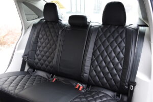 2019 Volkswagen Jetta rear Ostrich seat covers with Black Ostrich Diamond inserts and Black Sof-Touch trim