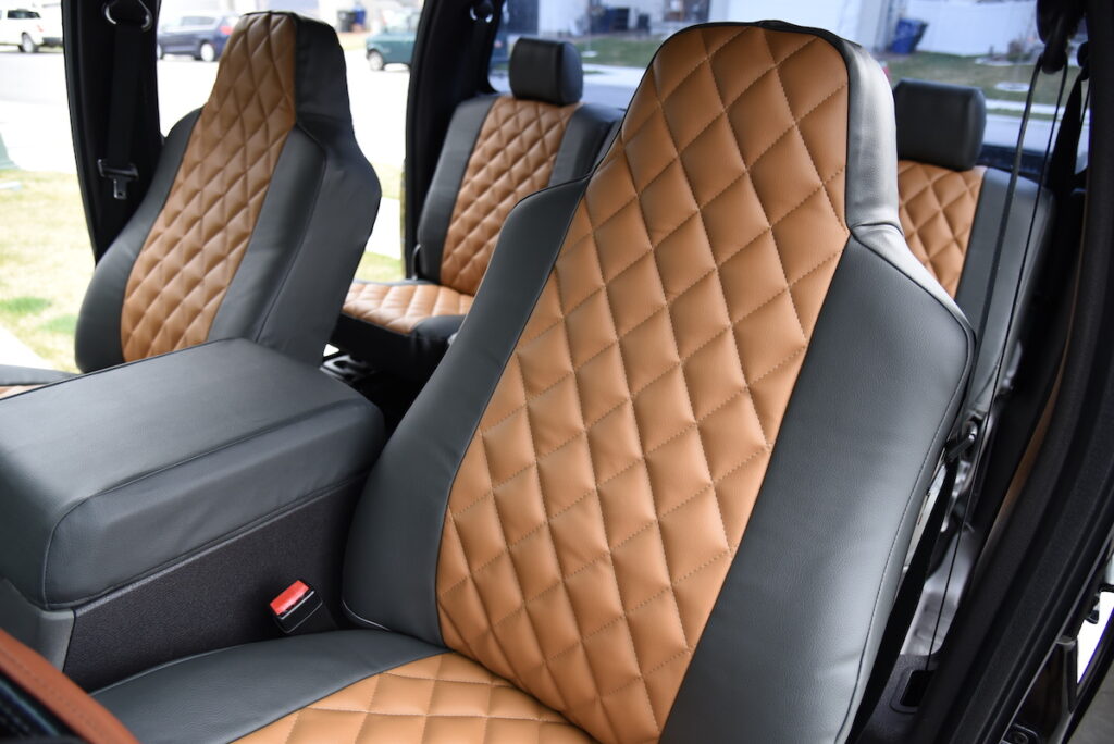 2008 Ford F-350 front leatherette seat covers in Caramel Sof-Touch diamond and Charcoal Sof-Touch trim