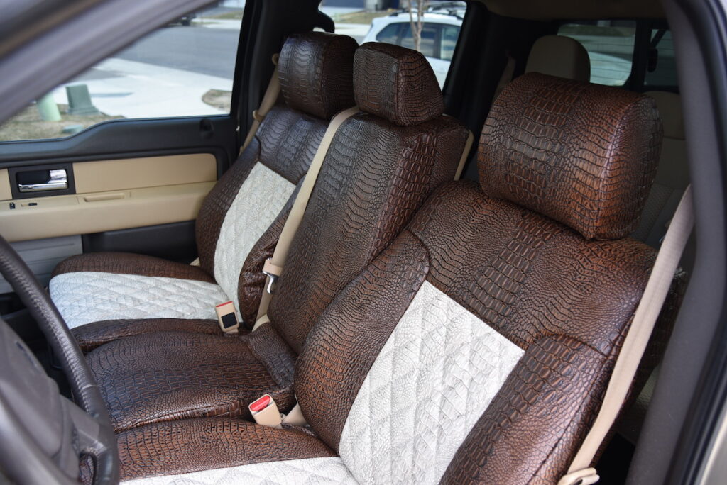 2014 Ford F150 front row seat covers in Bone Croc diamond and Java Croc trim