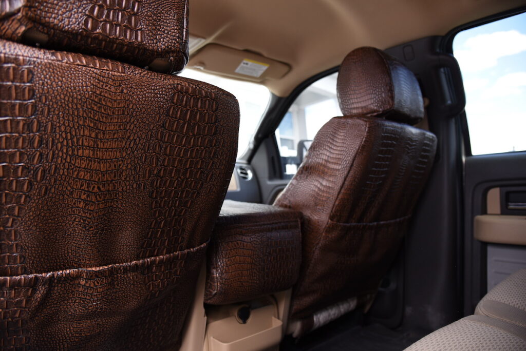 2014 Ford F150 rear seat back covers in Java Croc and Bone Croc diamond