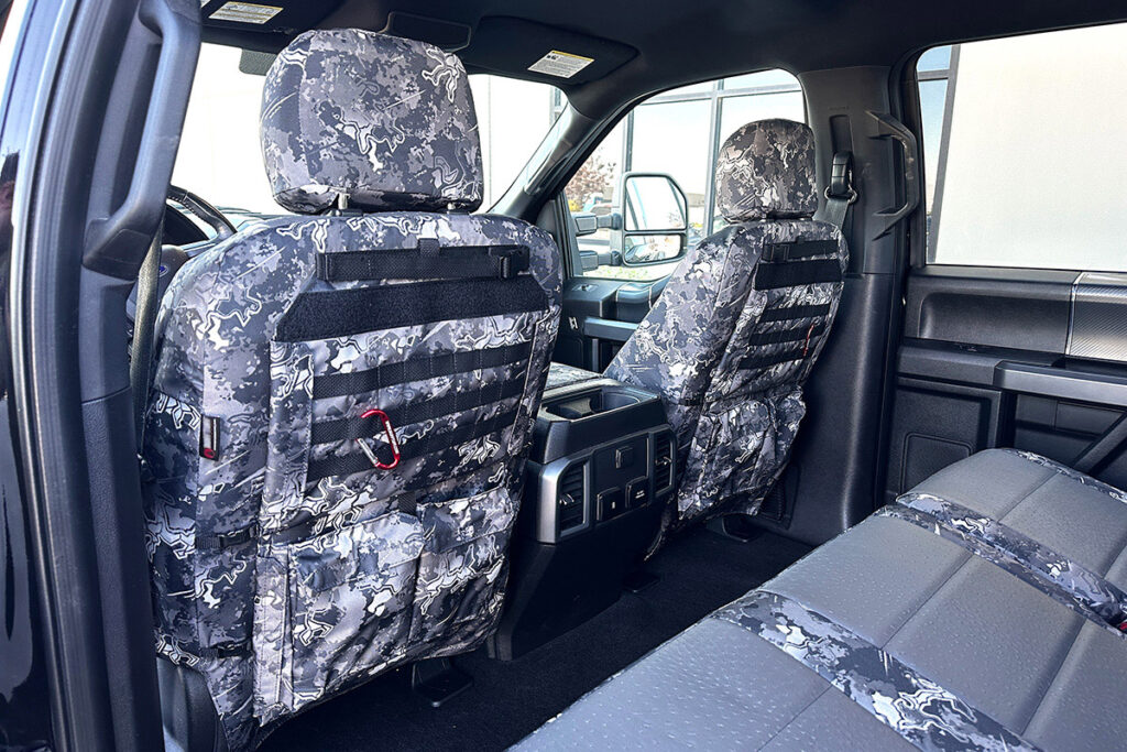 2018 Ford F-150 rear seat covers with Medium Gray Ostrich inserts and TrueTimber Urban camouflage trim