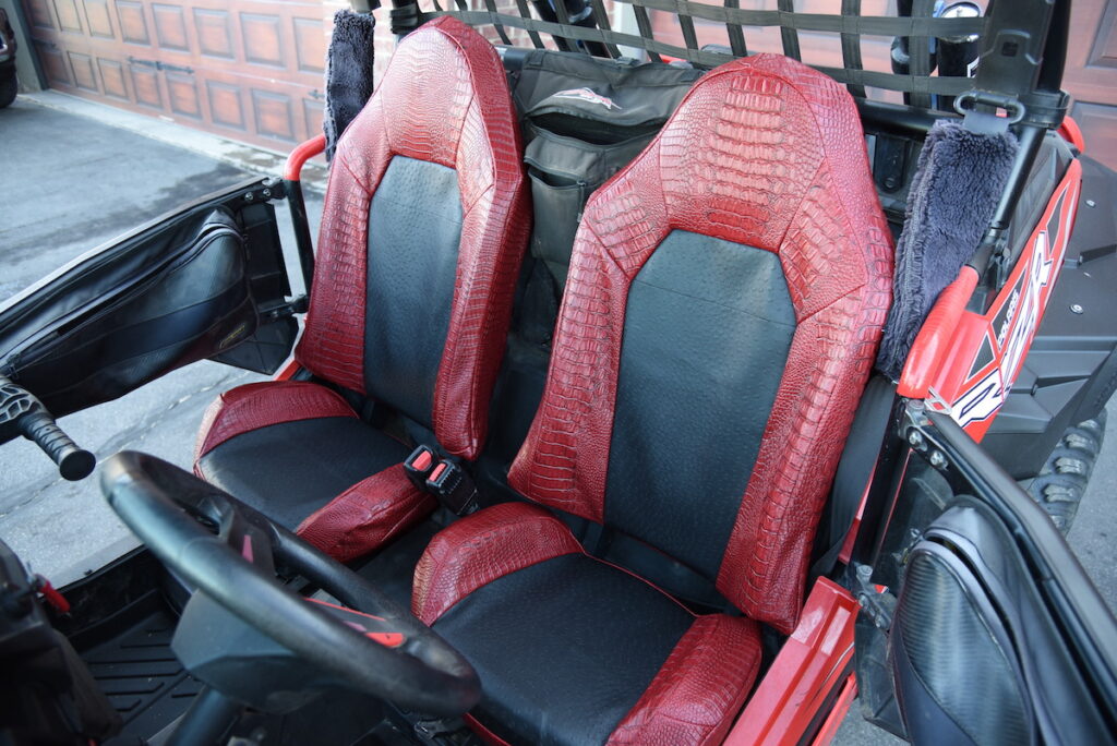 2015 Polaris RZR front bucket UTV Exotic Seat Covers with Black Ostrich inserts and Flame Croc trim