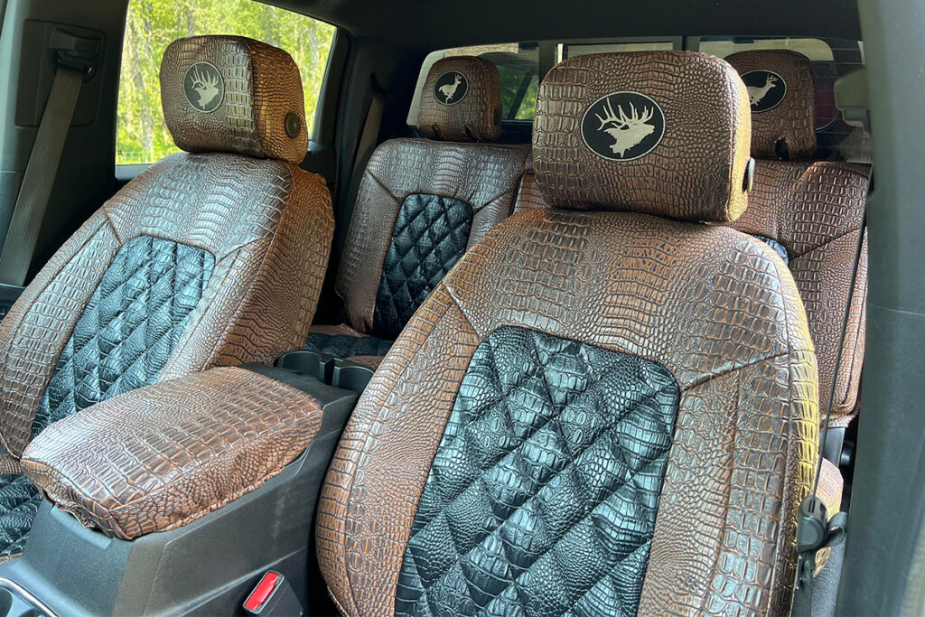 2024 GMC Canyon front Alligator seat covers with Midnight Croc Diamond inserts and Java Croc trim