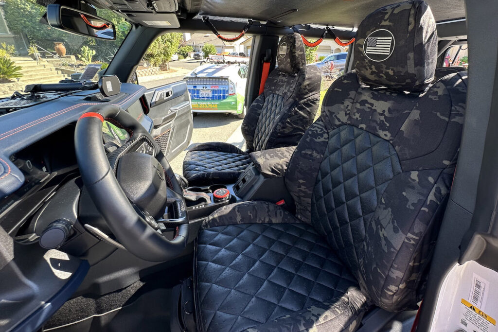 2023 Ford Bronco Raptor rear seat covers in Black Ostrich Diamond with MultiCam Black camouflage