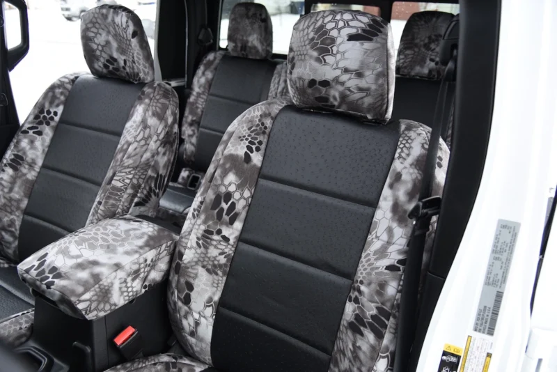 2023 Jeep Gladiator front Kryptek seat covers with Black Ostrich inserts and Kryptek Raid trim