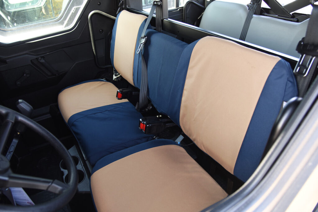 2021 Bobcat UV34 seat covers with Tan HD1000 K92 inserts and Navy Dura EZ-Care D03 trim