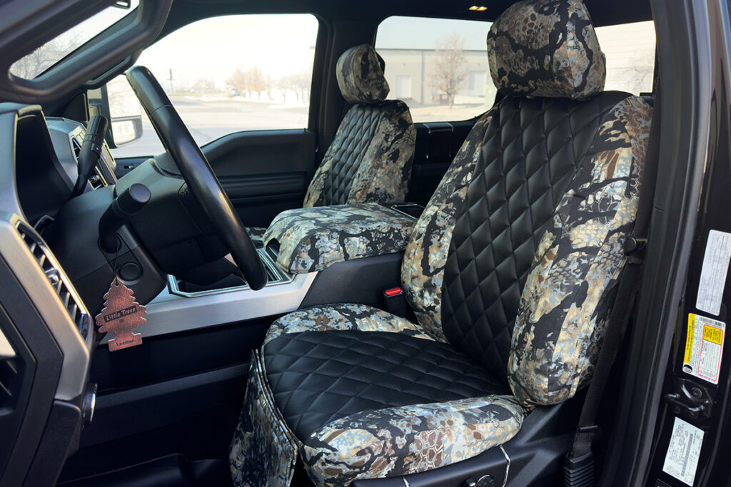 2018 Ford F-350 front seat covers in Kryptek Skyfall camouflage with black diamond Sof-Touch inserts