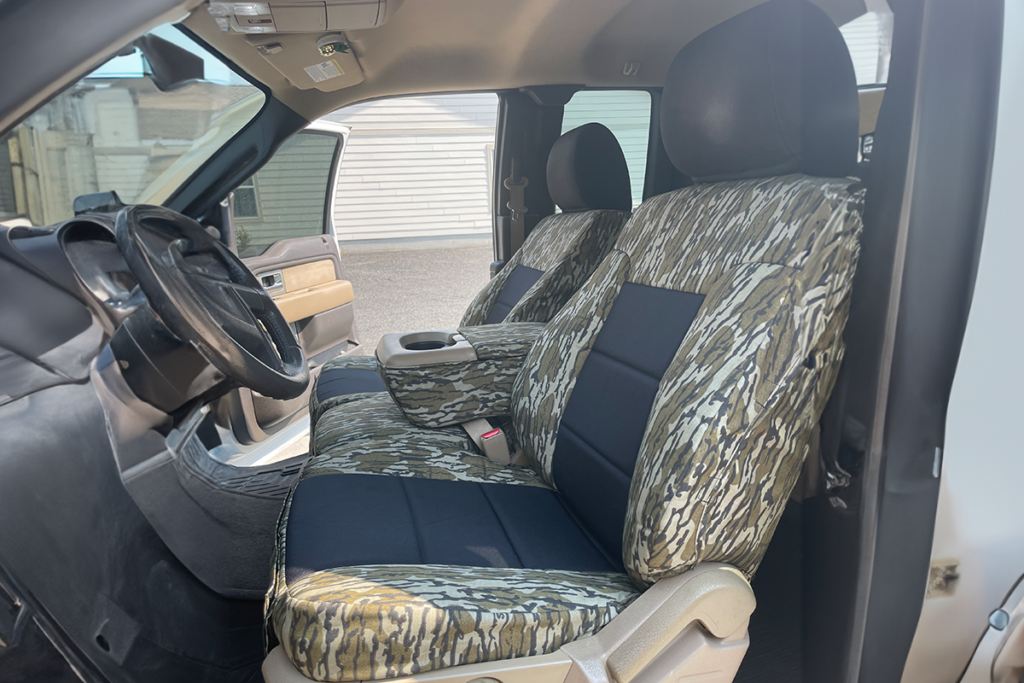 2008 Ford F-150 seat covers in Black HD1000 canvas and Mossy Oak Bottomland camouflage